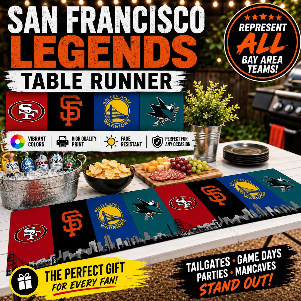 San Francisco Sports Table Runner – 49ers Giants Warriors Sharks Table Decor | Bay Area Tailgate Runner | Mancave Sports Decor