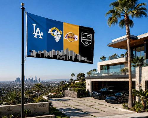 Los Angeles Sports Flag – Dodgers Rams Lakers Kings Wall Flag | LA Skyline Mancave Decor | Los Angeles Fan Gift