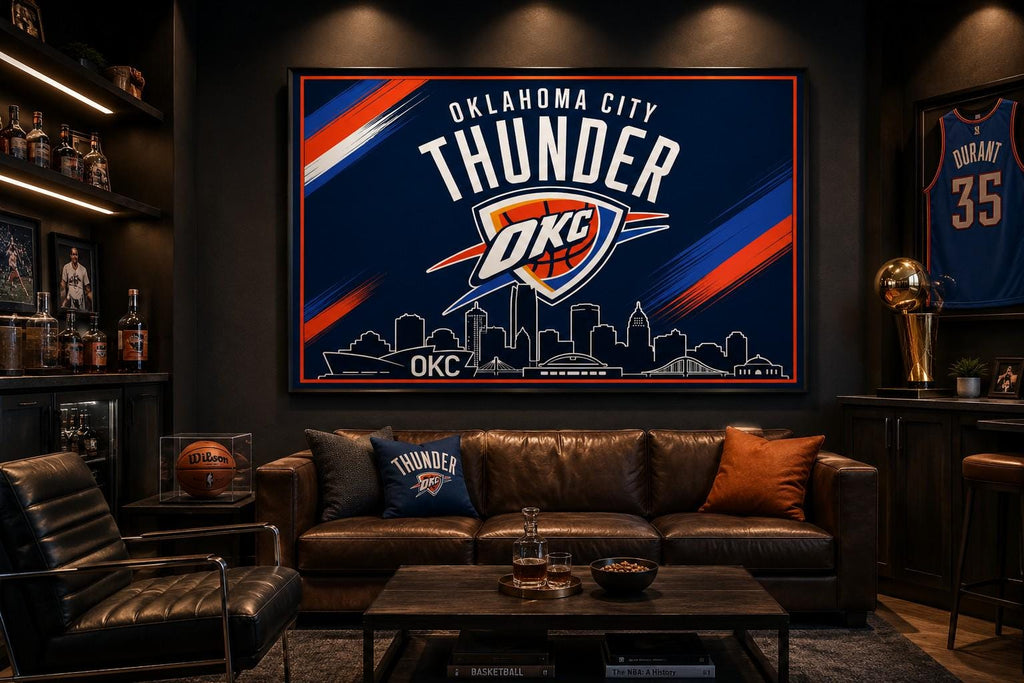 Oklahoma City Thunder Flag – OKC Skyline Wall Flag | Thunder Man Cave Decor | Garage Banner | Oklahoma City Basketball Fan Gift