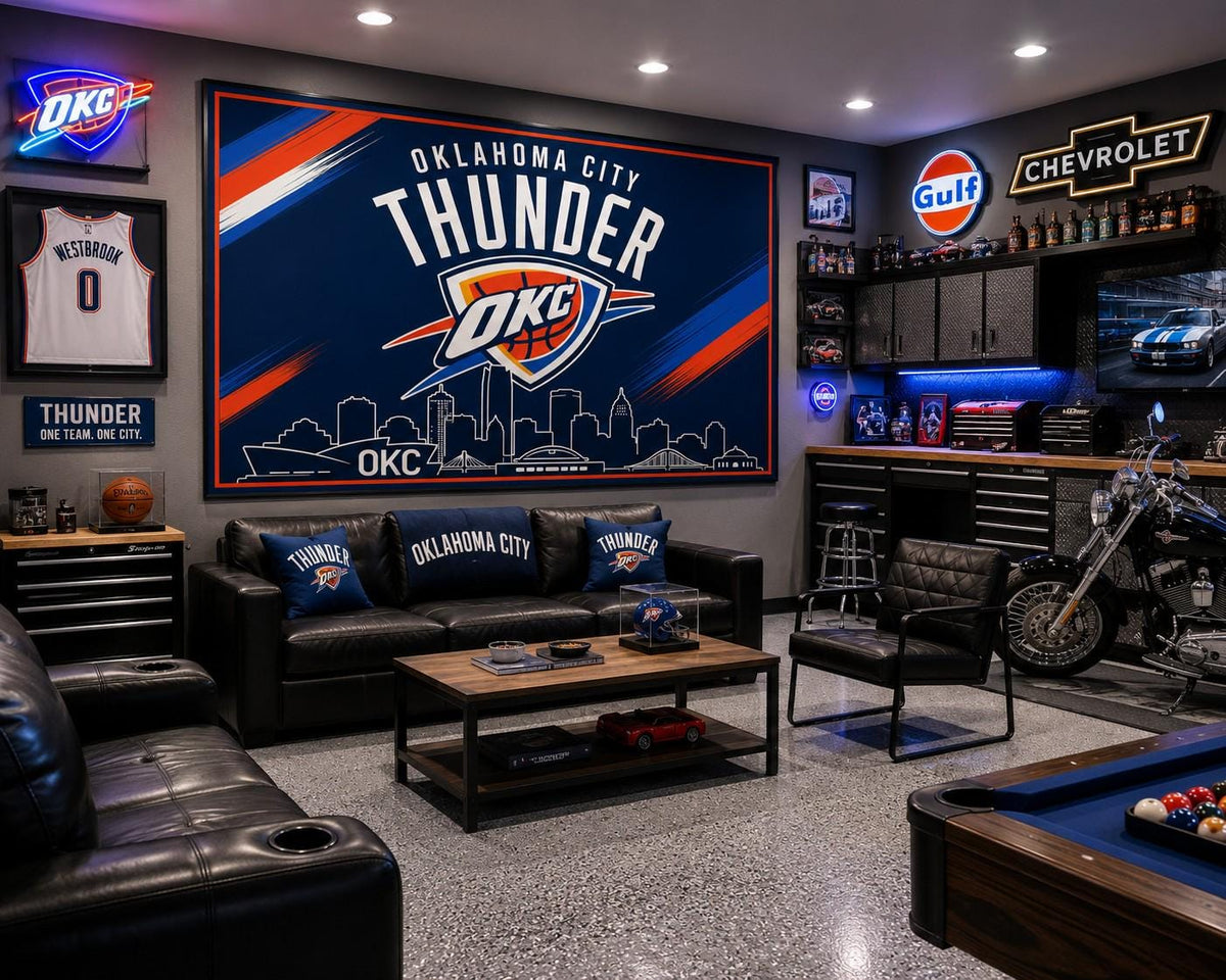 Oklahoma City Thunder Flag – OKC Skyline Wall Flag | Thunder Man Cave Decor | Garage Banner | Oklahoma City Basketball Fan Gift
