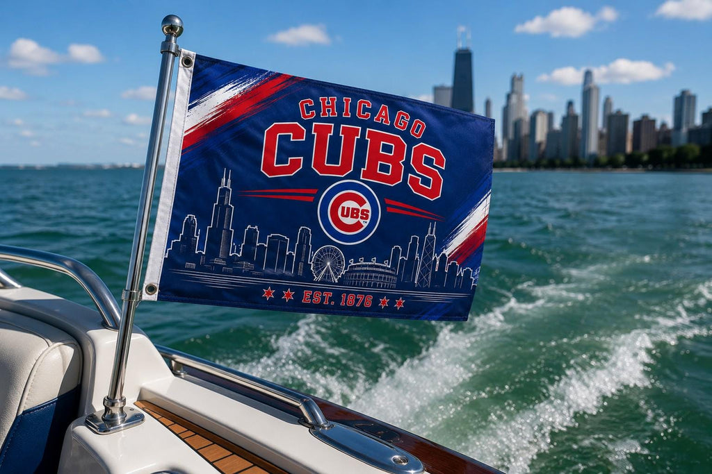 Chicago Cubs Flag – Cubs Wall Flag | Chicago Man Cave Decor | Cubs Garage Banner | Chicago Skyline Fan Gift