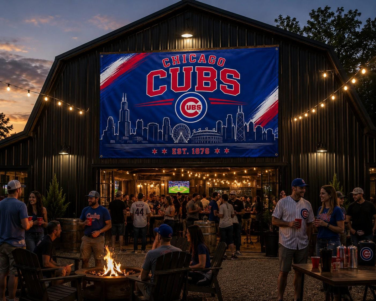 Chicago Cubs Flag – Cubs Wall Flag | Chicago Man Cave Decor | Cubs Garage Banner | Chicago Skyline Fan Gift