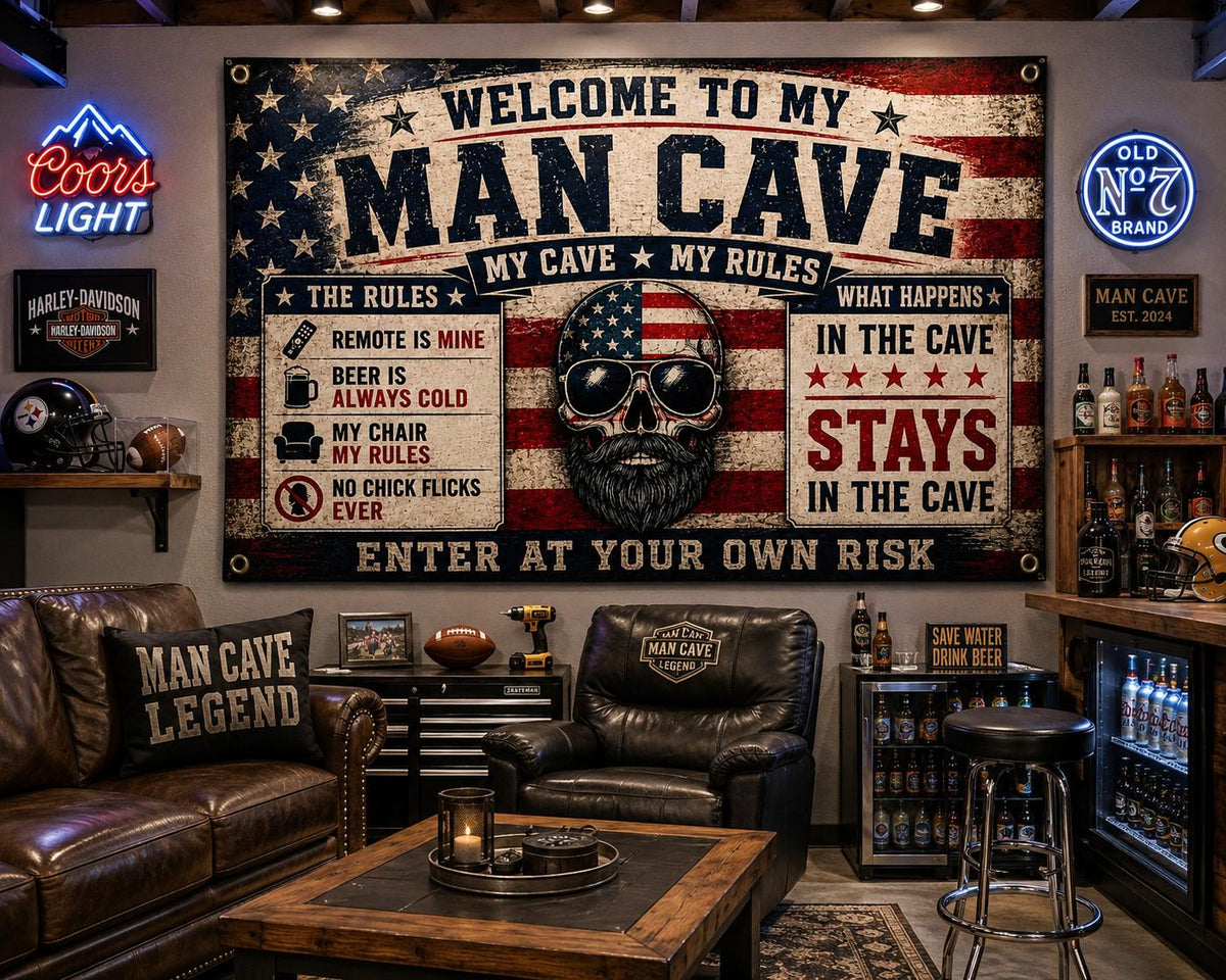 Funny Man Cave Flag – Welcome To My Man Cave Banner | Garage Decor | American Flag Wall Art | Dad Gift