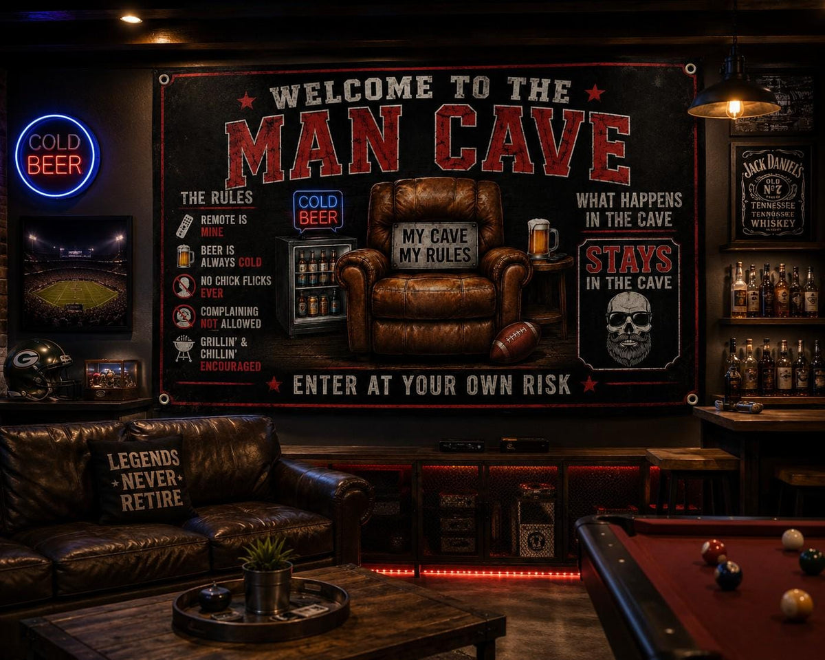 Man cave flag displayed in garage or game room