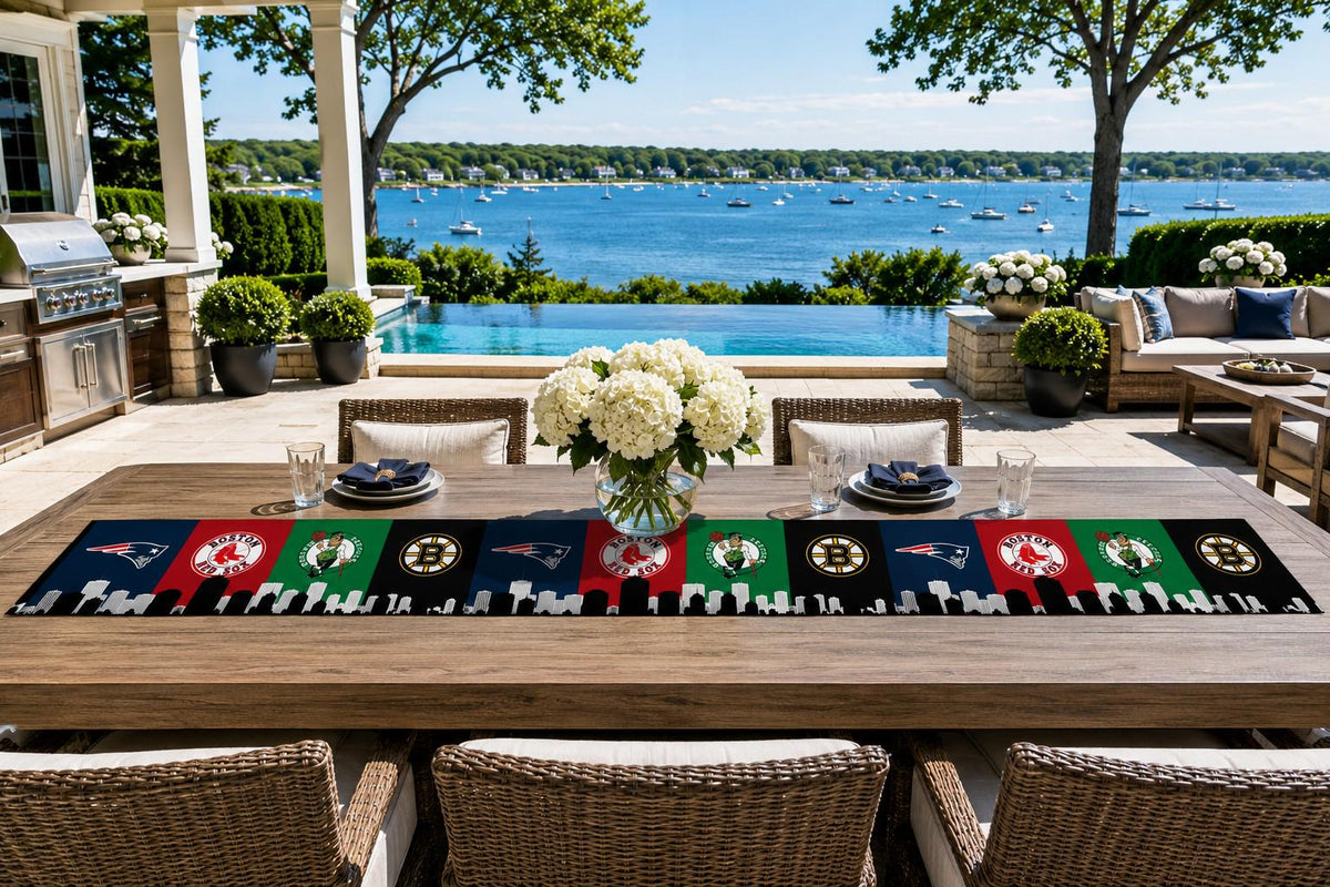 Boston Sports Table Runner – Patriots Red Sox Celtics Bruins Table Decor | Boston Tailgate Party Runner | Mancave Sports Decor