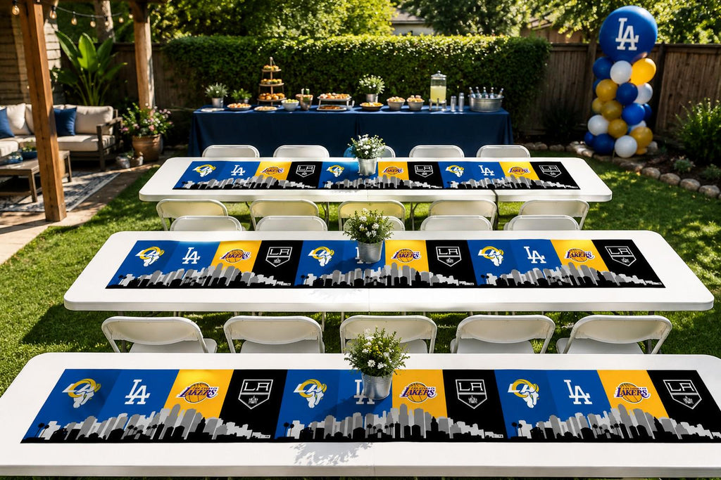 Los Angeles Sports Table Runner – Rams Dodgers Lakers Kings Table Decor | LA Tailgate Party Runner | Mancave Sports Decor