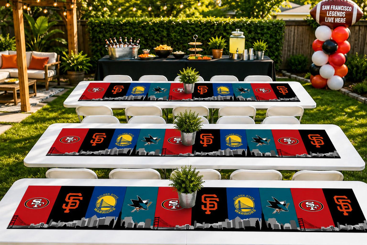San Francisco Sports Table Runner – 49ers Giants Warriors Sharks Table Decor | Bay Area Tailgate Runner | Mancave Sports Decor