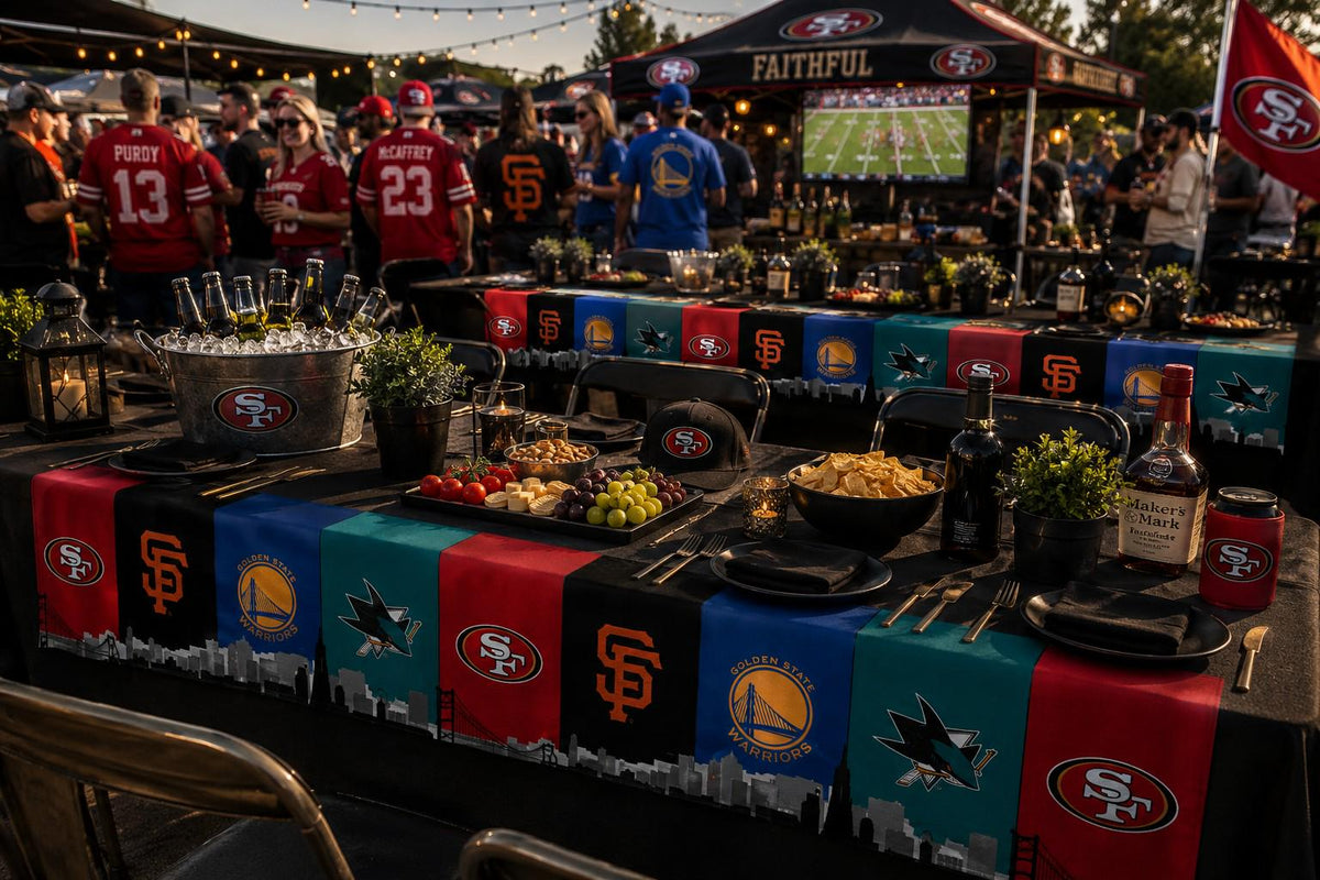 San Francisco Sports Table Runner – 49ers Giants Warriors Sharks Table Decor | Bay Area Tailgate Runner | Mancave Sports Decor