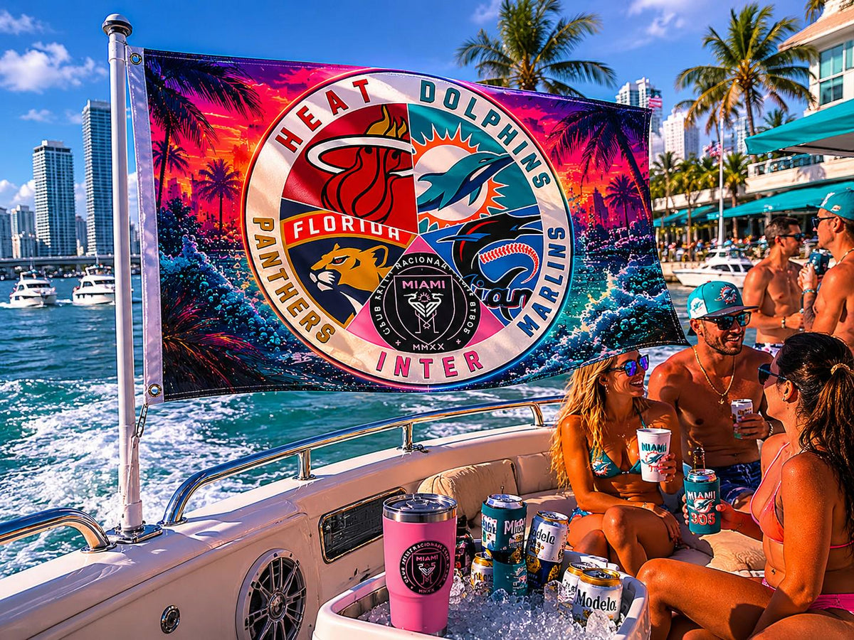 Miami Sports Teams Flag – Dolphins Heat Panthers Marlins Inter Miami Wall Banner | Miami Man Cave Decor