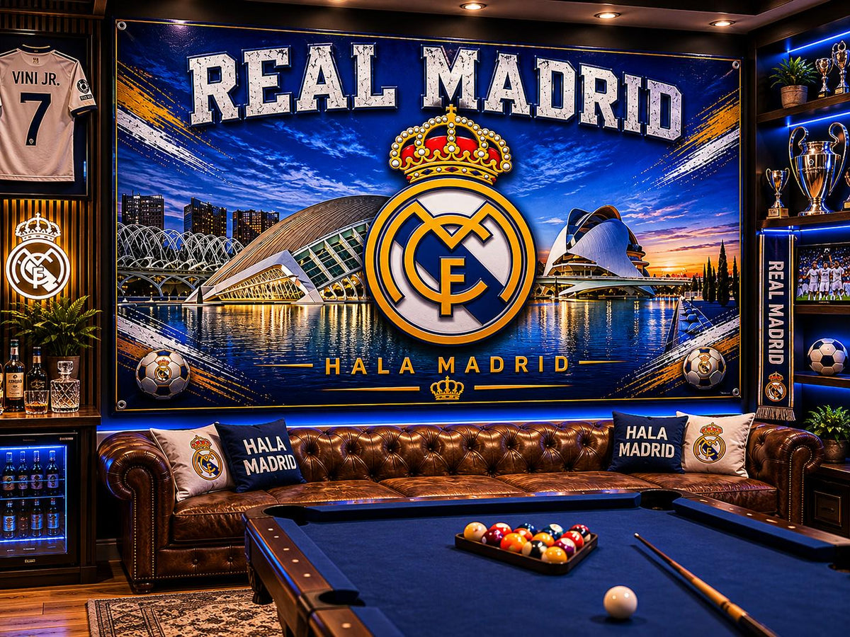 Real Madrid Flag – Hala Madrid Wall Banner | Real Madrid Man Cave Decor | Soccer Fan Gift