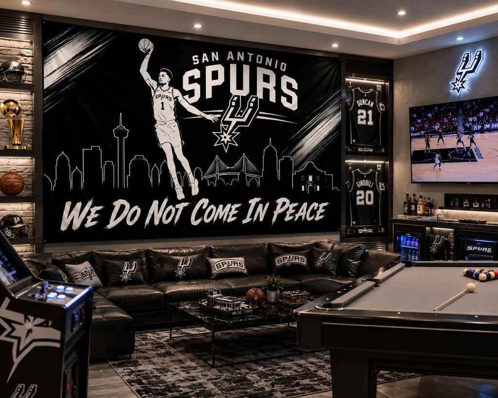 San Antonio Spurs Flag – We Do Not Come In Peace Wall Banner | Spurs Man Cave Decor | Basketball Fan Gift