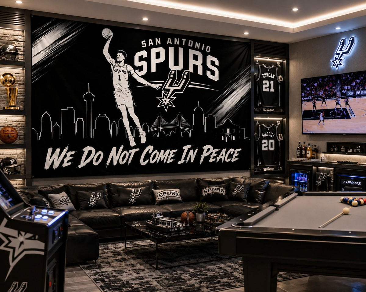 San Antonio Spurs Flag – We Do Not Come In Peace Wall Banner | Spurs Man Cave Decor | Basketball Fan Gift