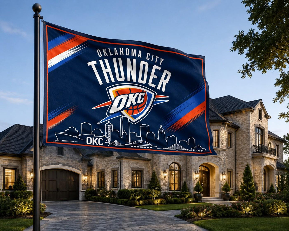 Oklahoma City Thunder Flag – OKC Skyline Wall Flag | Thunder Man Cave Decor | Garage Banner | Oklahoma City Basketball Fan Gift
