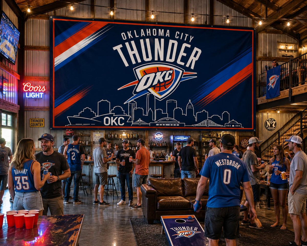 Oklahoma City Thunder Flag – OKC Skyline Wall Flag | Thunder Man Cave Decor | Garage Banner | Oklahoma City Basketball Fan Gift