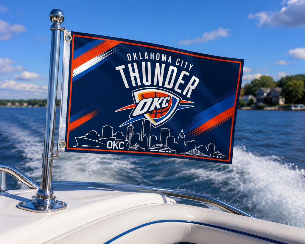 Oklahoma City Thunder Flag – OKC Skyline Wall Flag | Thunder Man Cave Decor | Garage Banner | Oklahoma City Basketball Fan Gift