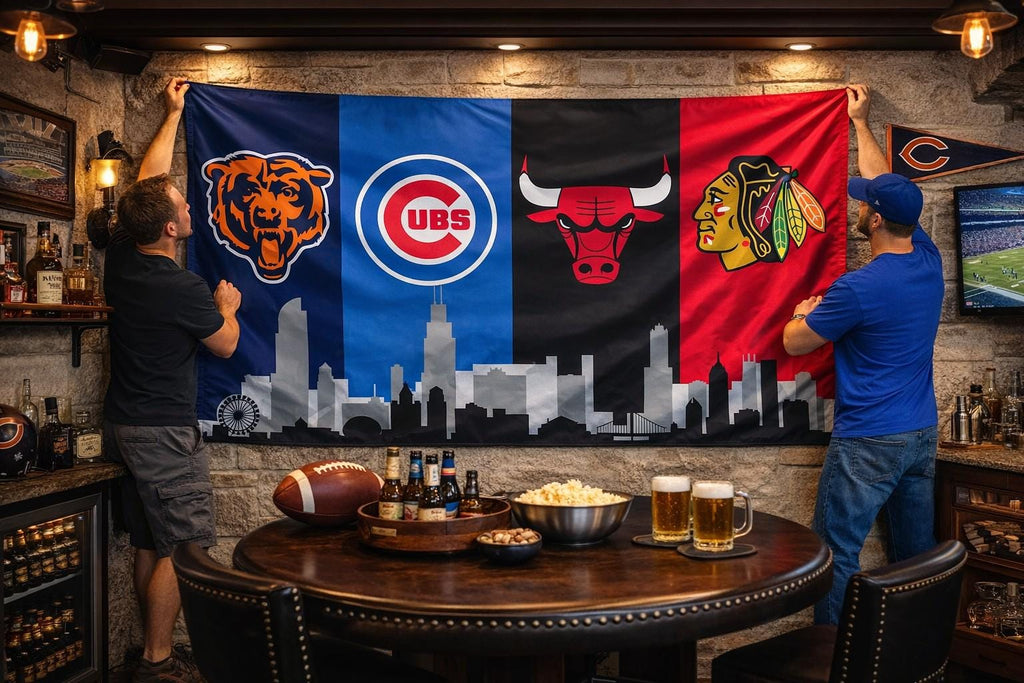 Chicago Cubs Flag – Cubs Wall Flag | Chicago Man Cave Decor | Cubs Garage Banner | Chicago Skyline Fan Gift