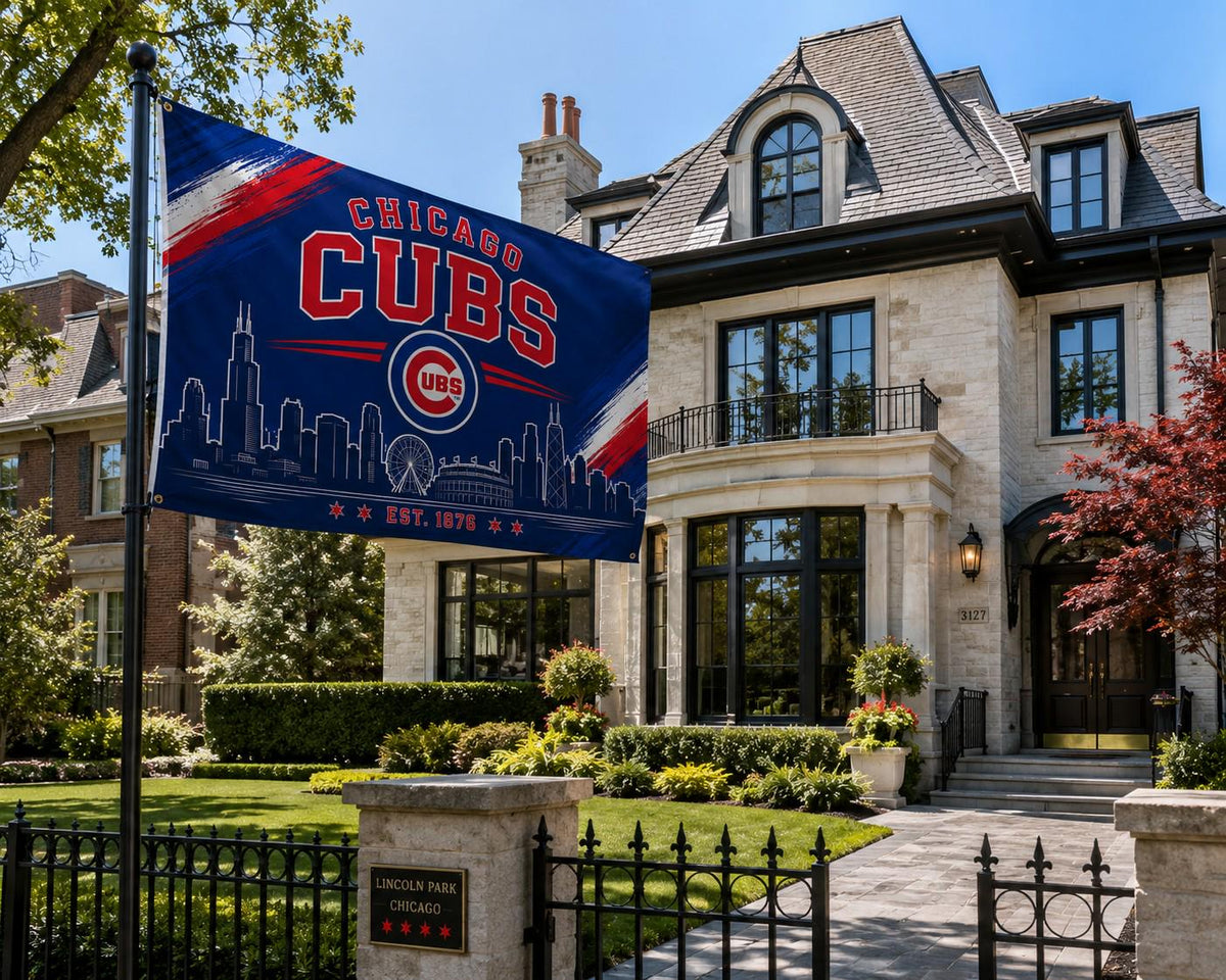 Chicago Cubs Flag – Cubs Wall Flag | Chicago Man Cave Decor | Cubs Garage Banner | Chicago Skyline Fan Gift
