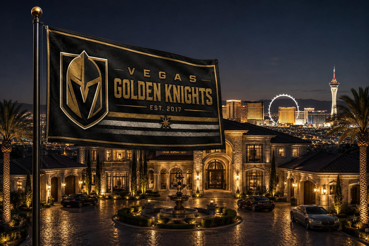 Vegas Golden Knights Flag with Las Vegas Skyline | NHL Hockey Banner | Man Cave Decor | Vegas Fan Gift | Sports Bar Wall Flag