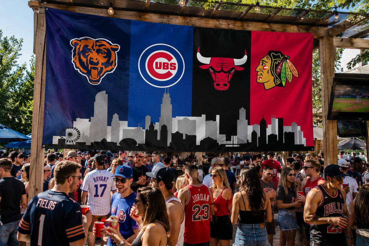 Chicago Sports Banner 4x8ft & 6x12ft | Bears Cubs Bulls Blackhawks Wall Decor | Huge Chicago Man Cave Banner | Chicago Skyline Decor