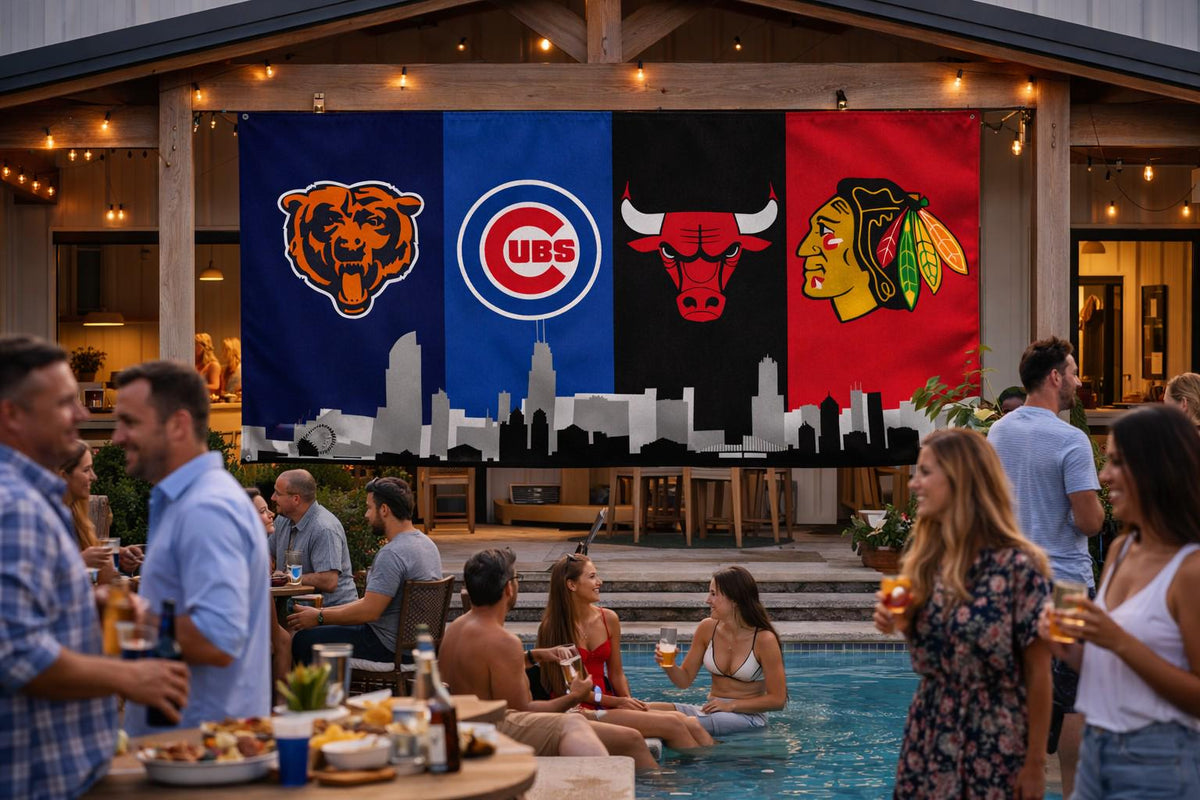 Chicago Sports Banner 4x8ft & 6x12ft | Bears Cubs Bulls Blackhawks Wall Decor | Huge Chicago Man Cave Banner | Chicago Skyline Decor