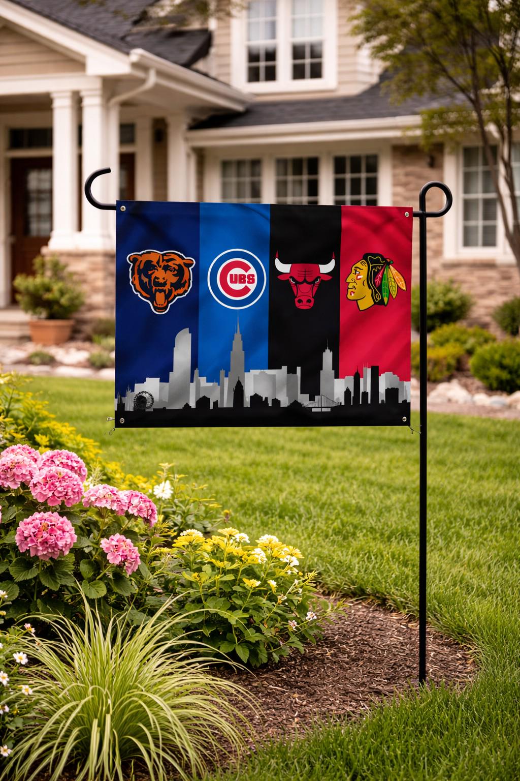Chicago Sports Banner 4x8ft & 6x12ft | Bears Cubs Bulls Blackhawks Wall Decor | Huge Chicago Man Cave Banner | Chicago Skyline Decor