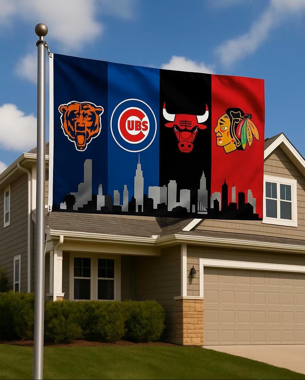 Chicago Sports Banner 4x8ft & 6x12ft | Bears Cubs Bulls Blackhawks Wall Decor | Huge Chicago Man Cave Banner | Chicago Skyline Decor