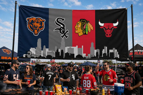 Chicago Sports Banner 4x8ft & 6x12ft | Bears White Sox Bulls Blackhawks Wall Decor | Huge Chicago Man Cave Banner | Chicago Skyline Decor