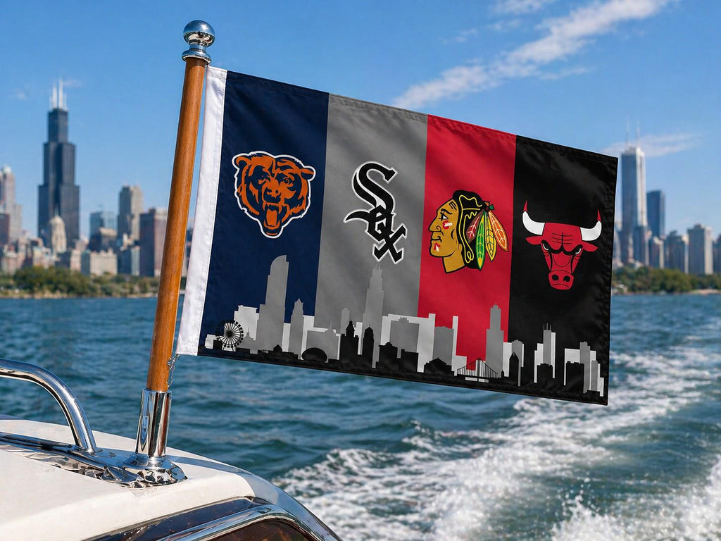 Chicago Sports Banner 4x8ft & 6x12ft | Bears White Sox Bulls Blackhawks Wall Decor | Huge Chicago Man Cave Banner | Chicago Skyline Decor