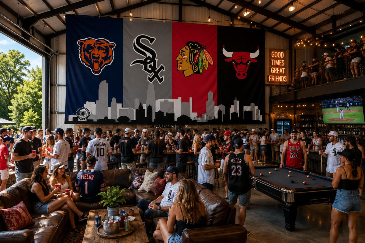 Chicago Sports Banner 4x8ft & 6x12ft | Bears White Sox Bulls Blackhawks Wall Decor | Huge Chicago Man Cave Banner | Chicago Skyline Decor