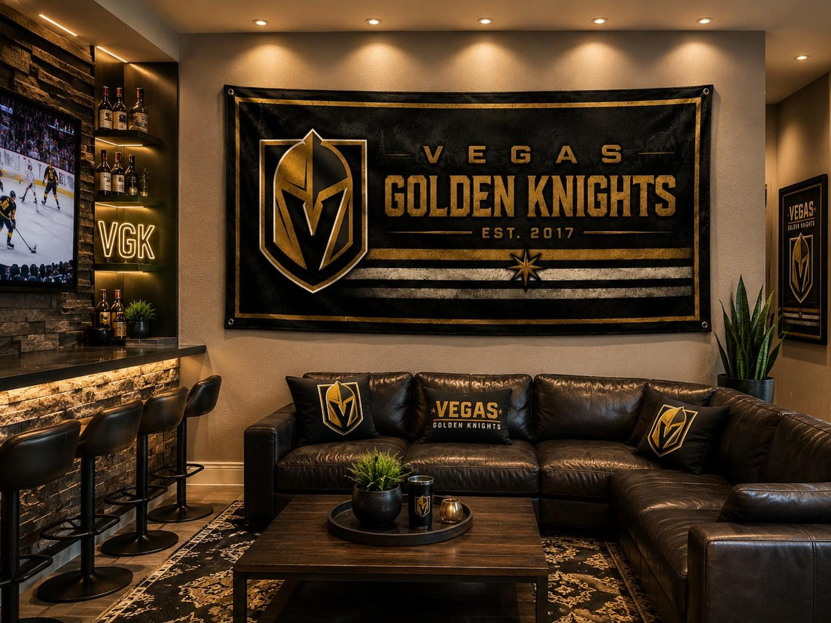 Vegas Golden Knights Flag with Las Vegas Skyline | NHL Hockey Banner | Man Cave Decor | Vegas Fan Gift | Sports Bar Wall Flag