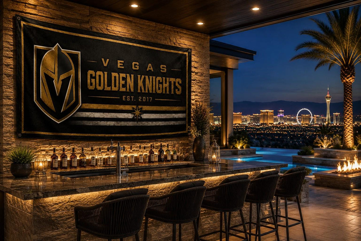 Vegas Golden Knights Flag with Las Vegas Skyline | NHL Hockey Banner | Man Cave Decor | Vegas Fan Gift | Sports Bar Wall Flag