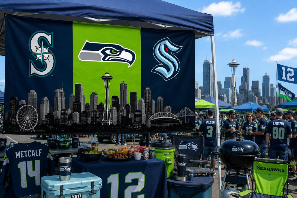 Seattle Sports Flag – Seahawks Mariners Kraken Skyline Flag, Seattle Fan Decor, Seattle Sports Banner, Man Cave Flag, Game Room Wall Art