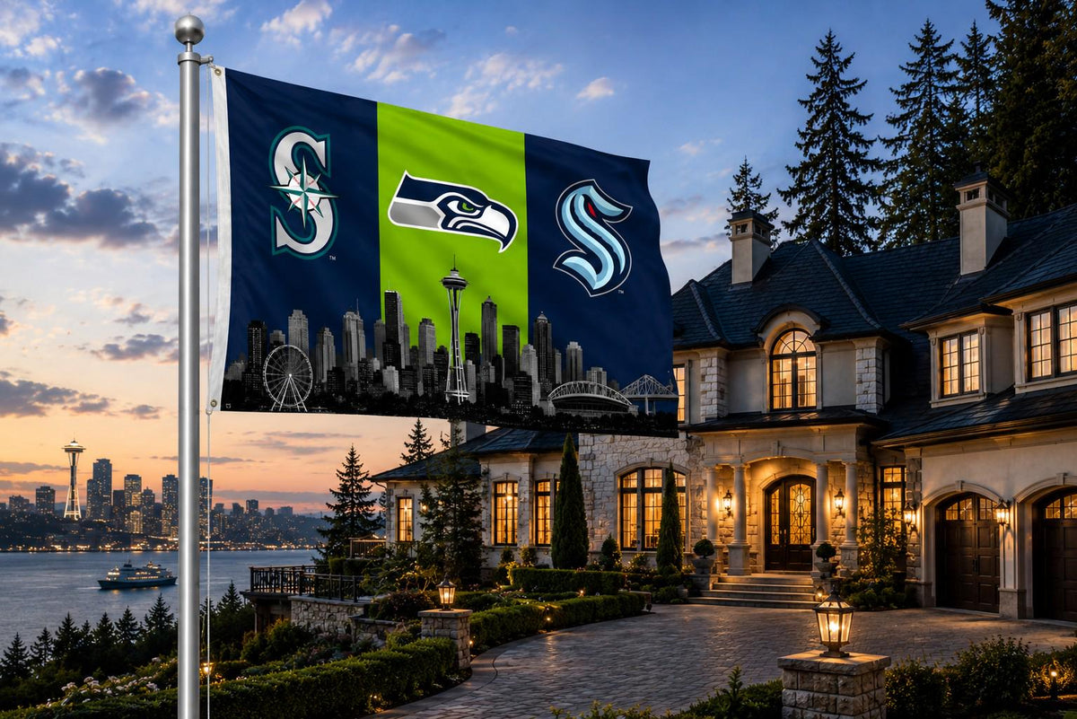 Seattle Sports Flag – Seahawks Mariners Kraken Skyline Flag, Seattle Fan Decor, Seattle Sports Banner, Man Cave Flag, Game Room Wall Art