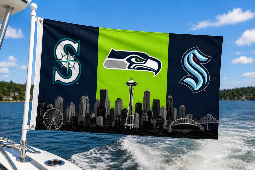 Seattle Sports Flag – Seahawks Mariners Kraken Skyline Flag, Seattle Fan Decor, Seattle Sports Banner, Man Cave Flag, Game Room Wall Art