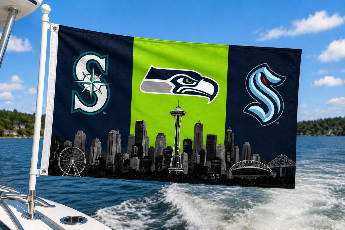 Seattle Sports Flag – Seahawks Mariners Kraken Skyline Flag, Seattle Fan Decor, Seattle Sports Banner, Man Cave Flag, Game Room Wall Art