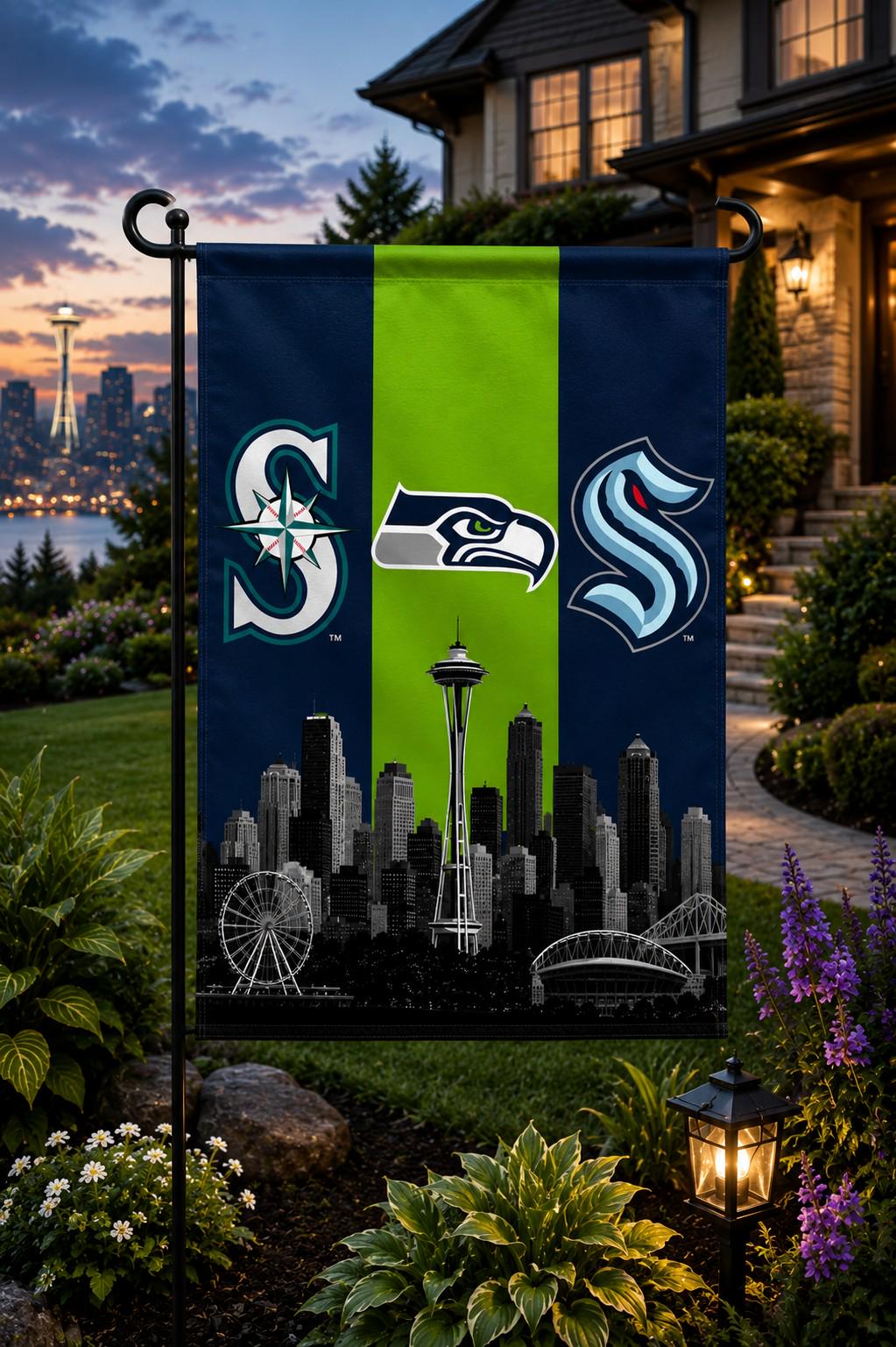 Seattle Sports Flag – Seahawks Mariners Kraken Skyline Flag, Seattle Fan Decor, Seattle Sports Banner, Man Cave Flag, Game Room Wall Art