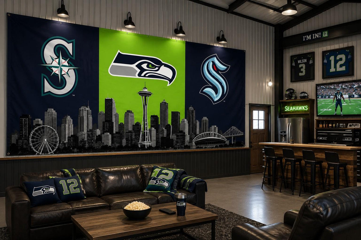 Seattle Sports Flag – Seahawks Mariners Kraken Skyline Flag, Seattle Fan Decor, Seattle Sports Banner, Man Cave Flag, Game Room Wall Art
