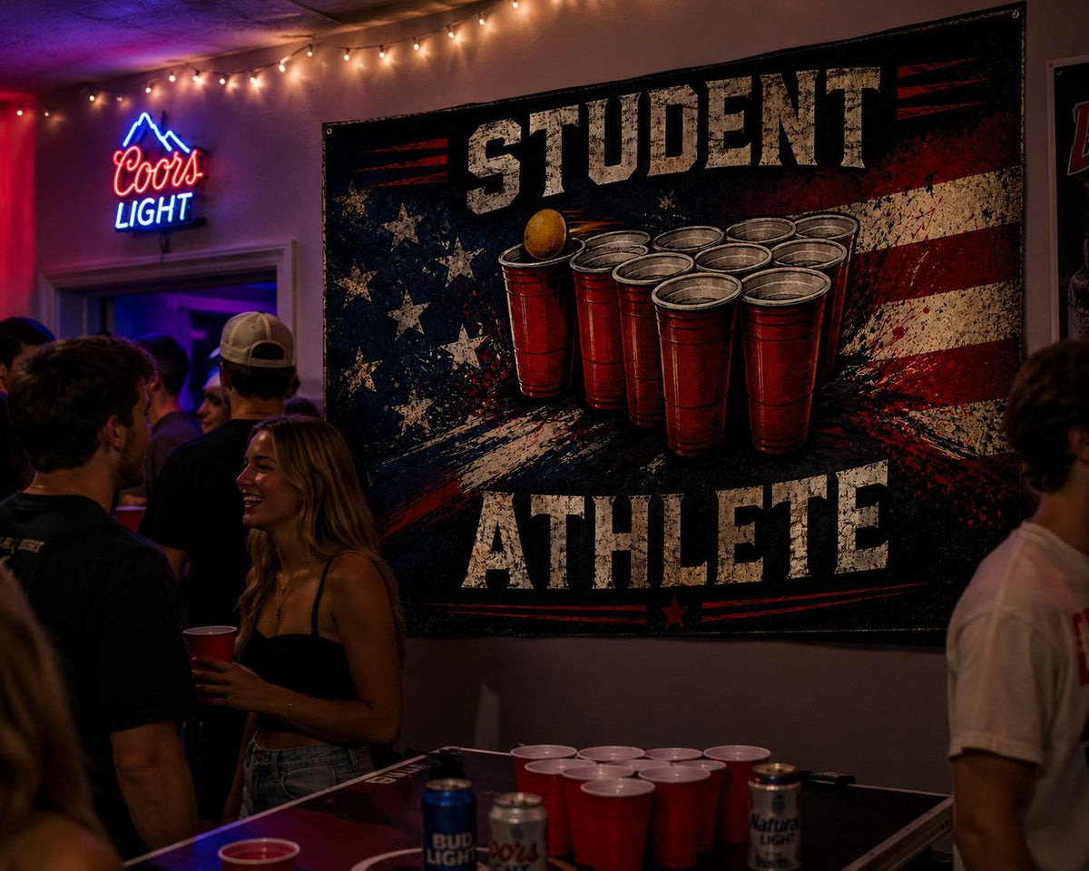 Funny Student Athlete Flag – Beer Pong Banner | Frat House Decor | College Dorm Flag | Party Room Wall Decor