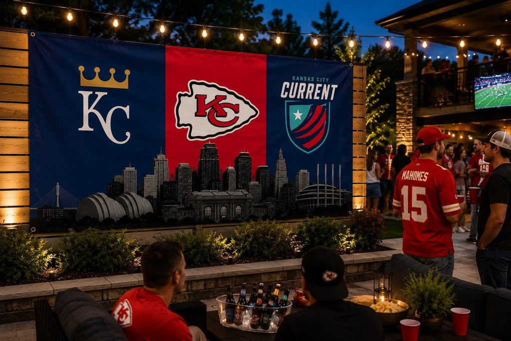 Kansas City Sports Flag – Chiefs Royals Current Skyline Flag, Kansas City Fan Decor, KC Sports Banner, Man Cave Flag, Game Room Wall Art