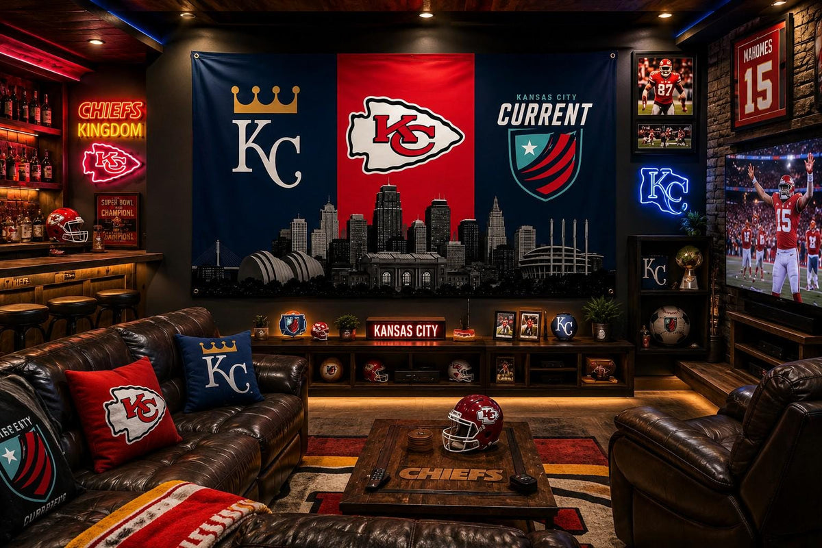 Kansas City Sports Flag – Chiefs Royals Current Skyline Flag, Kansas City Fan Decor, KC Sports Banner, Man Cave Flag, Game Room Wall Art