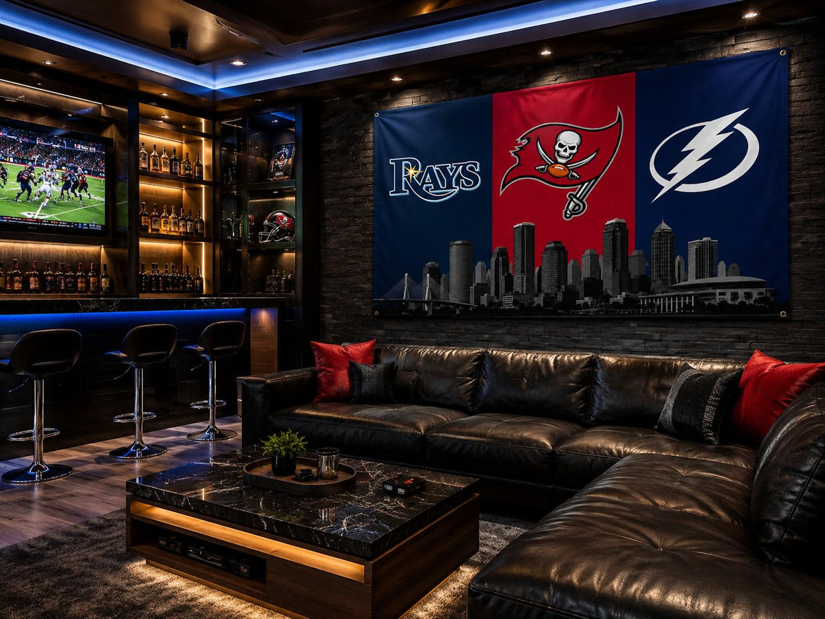 Tampa Bay Sports Flag - Buccaneers Rays Lightning Flag, Tampa Bay Skyline Banner, Florida Sports Fan Gift, Man Cave Decor