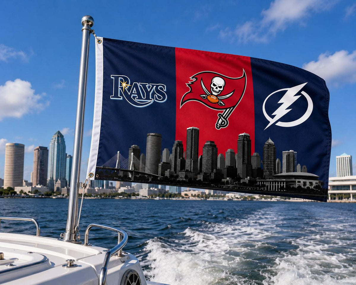 Tampa Bay Sports Flag - Buccaneers Rays Lightning Flag, Tampa Bay Skyline Banner, Florida Sports Fan Gift, Man Cave Decor