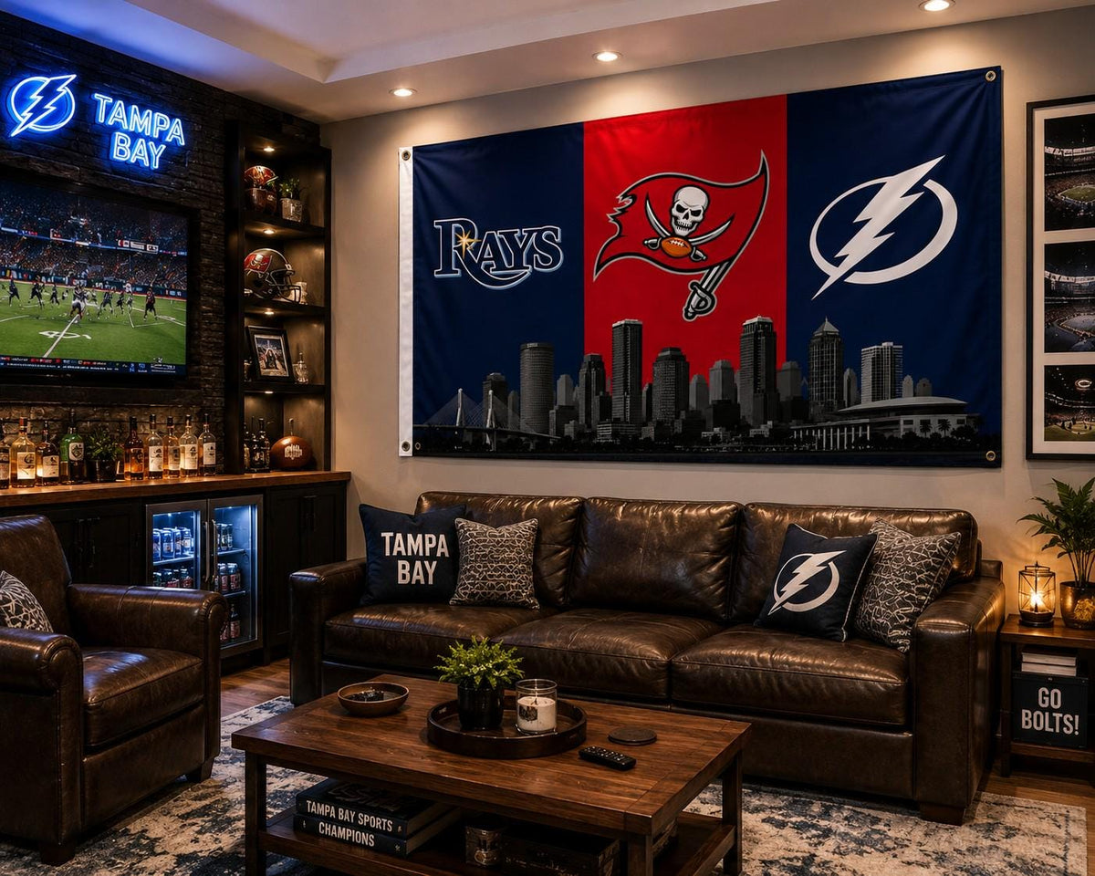 Tampa Bay Sports Flag - Buccaneers Rays Lightning Flag, Tampa Bay Skyline Banner, Florida Sports Fan Gift, Man Cave Decor