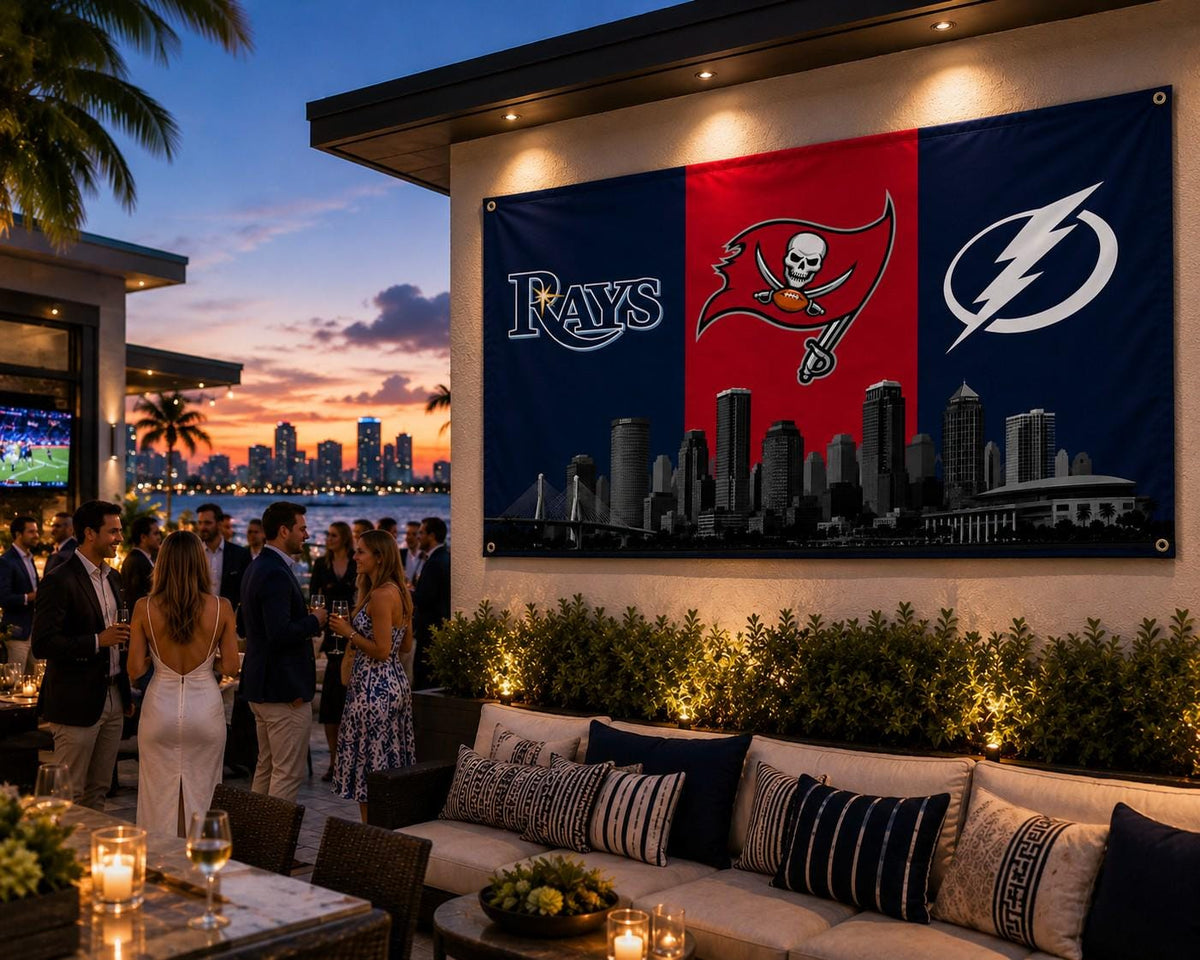 Tampa Bay Sports Flag - Buccaneers Rays Lightning Flag, Tampa Bay Skyline Banner, Florida Sports Fan Gift, Man Cave Decor