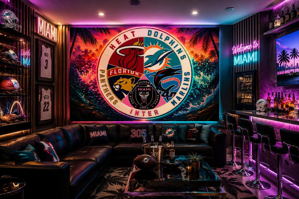 Miami Sports Teams Flag – Dolphins Heat Panthers Marlins Inter Miami Wall Banner | Miami Man Cave Decor