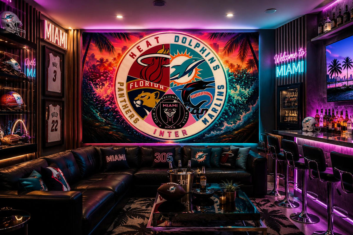 Miami Sports Teams Flag – Dolphins Heat Panthers Marlins Inter Miami Wall Banner | Miami Man Cave Decor