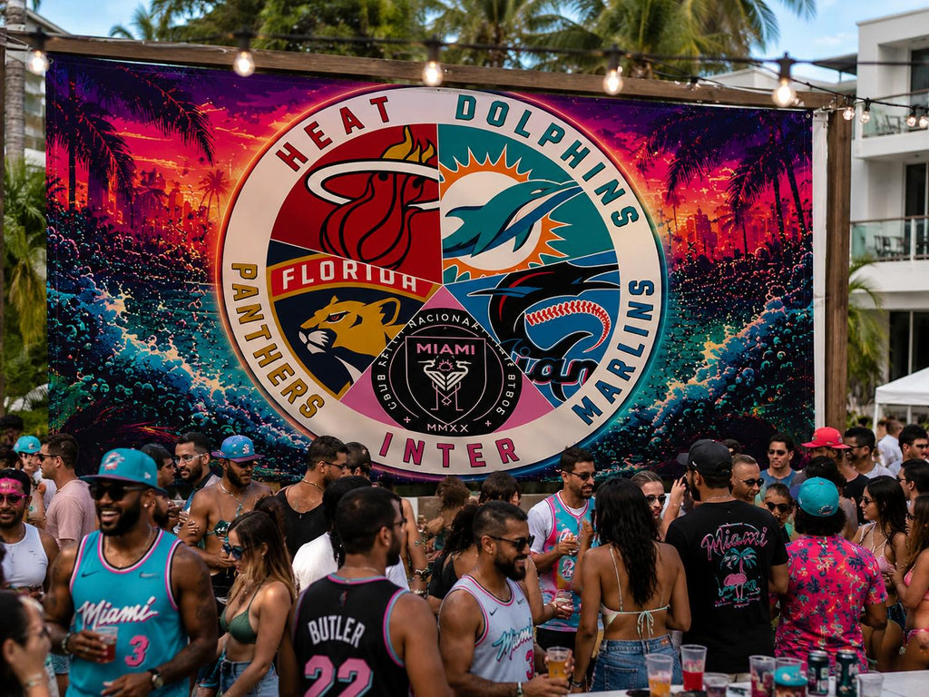 Miami Sports Teams Flag – Dolphins Heat Panthers Marlins Inter Miami Wall Banner | Miami Man Cave Decor