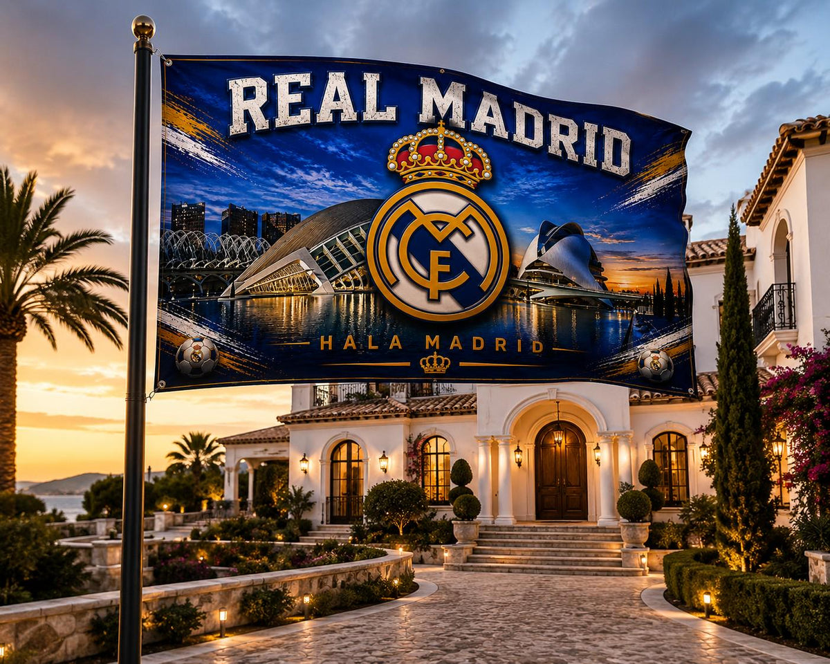 Real Madrid Flag – Hala Madrid Wall Banner | Real Madrid Man Cave Decor | Soccer Fan Gift