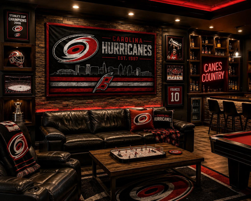 Carolina Hurricanes Raleigh Skyline Flag | NHL Hockey Banner | Man Cave Decor | Sports Bar Wall Art | Carolina Fan Gift