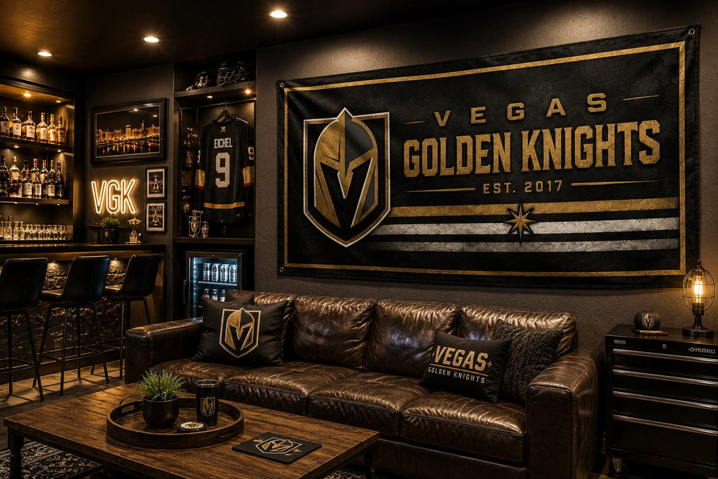 Vegas Golden Knights Flag with Las Vegas Skyline | NHL Hockey Banner | Man Cave Decor | Vegas Fan Gift | Sports Bar Wall Flag